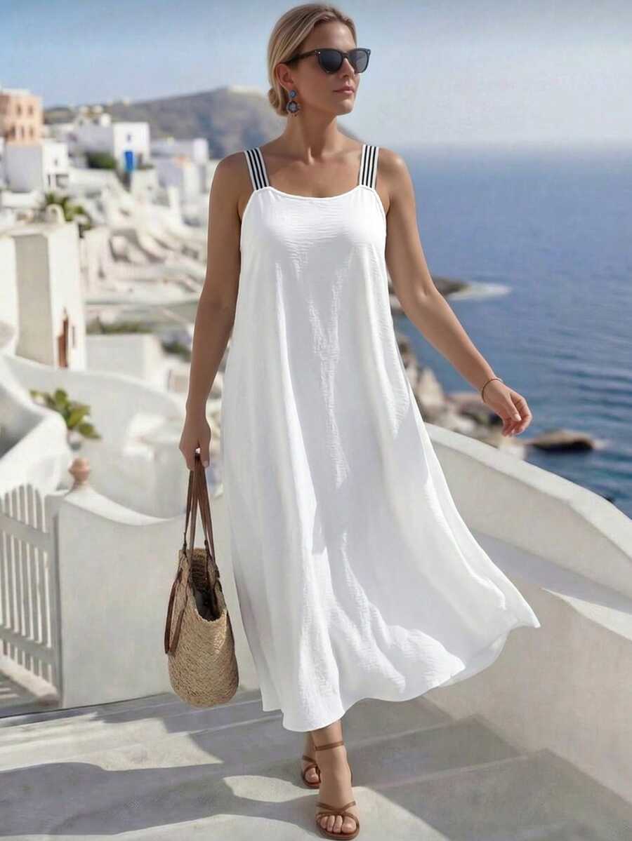 EMERY ROSE Plus Size Elegant Solid Color Textured Sleeveless Dress, Summer - White - View 1