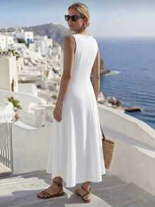 EMERY ROSE Plus Size Elegant Solid Color Textured Sleeveless Dress, Summer - White - View 2