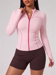 SHEIN Rhythm Era جاكيت رياضي للنساء بمقاسات كبيرة للخريف/الشتاء، وردي ماكارون، ضيق، ياقة واقفة، ألوان متباينة، تصميم كتل لونية مع فتحات للإبهام، صالة رياضية، تنس - وردي - مشاهدة 3