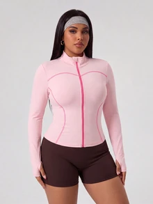 SHEIN Rhythm Era جاكيت رياضي للنساء بمقاسات كبيرة للخريف/الشتاء، وردي ماكارون، ضيق، ياقة واقفة، ألوان متباينة، تصميم كتل لونية مع فتحات للإبهام، صالة رياضية، تنس - وردي - مشاهدة 6