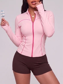 SHEIN Rhythm Era جاكيت رياضي للنساء بمقاسات كبيرة للخريف/الشتاء، وردي ماكارون، ضيق، ياقة واقفة، ألوان متباينة، تصميم كتل لونية مع فتحات للإبهام، صالة رياضية، تنس - وردي - مشاهدة 4