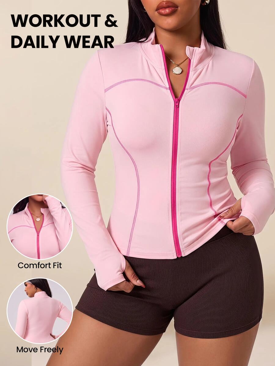 SHEIN Rhythm Era جاكيت رياضي للنساء بمقاسات كبيرة للخريف/الشتاء، وردي ماكارون، ضيق، ياقة واقفة، ألوان متباينة، تصميم كتل لونية مع فتحات للإبهام، صالة رياضية، تنس - وردي - مشاهدة 1