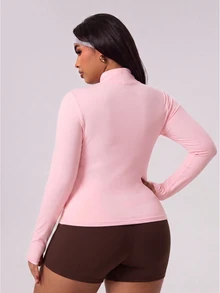 SHEIN Rhythm Era جاكيت رياضي للنساء بمقاسات كبيرة للخريف/الشتاء، وردي ماكارون، ضيق، ياقة واقفة، ألوان متباينة، تصميم كتل لونية مع فتحات للإبهام، صالة رياضية، تنس - وردي - مشاهدة 2