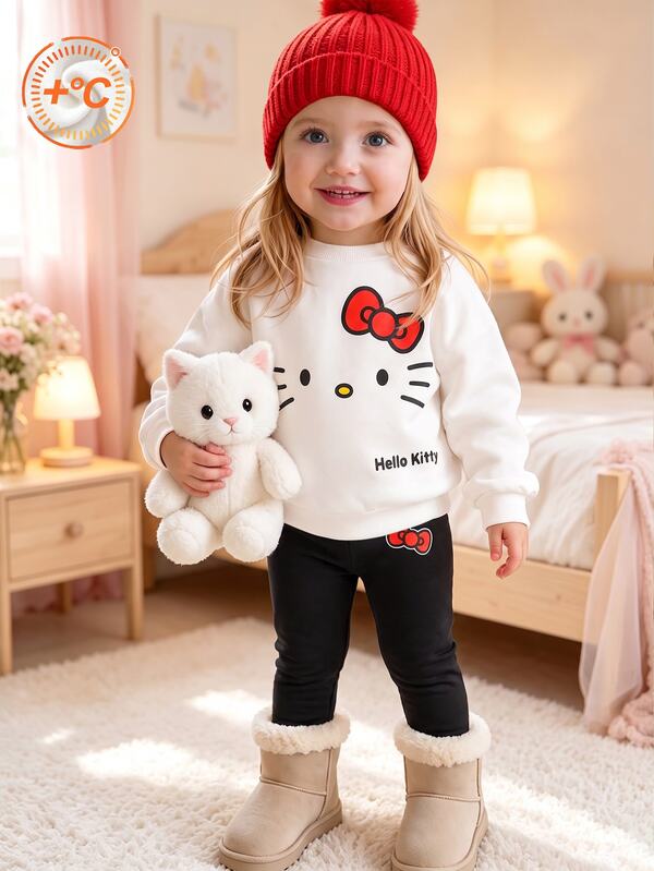 HELLO KITTY AND FRIENDS | SHEIN 1 Set Baby Girl Sweet Cute Cartoon Bow Print Crew Neck Long Sleeve Sweatshirt & Fitted Long Pants, Spring Autumn Outfit For Outings And School