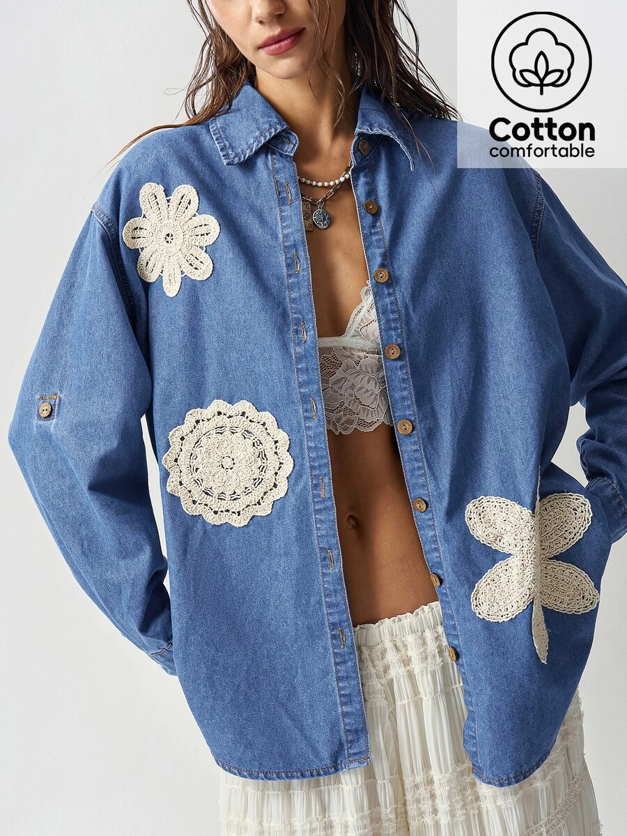 Bohemela Women's Vacation Casual Floral Embroidered Jacket - Blue - View 1