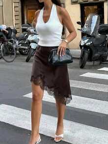Aloruh Brown Color Asymmetrical Satin Lace Patchwork Skirt Night Autumn Elegant Sexy - Coffee Brown - View 3