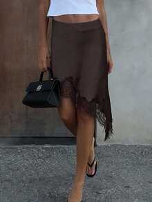 Aloruh Brown Color Asymmetrical Satin Lace Patchwork Skirt Night Autumn Elegant Sexy - Coffee Brown - View 1