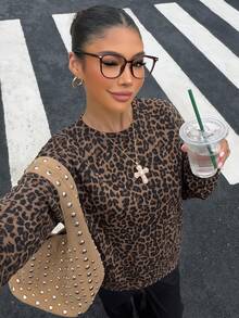 Muchica Women's Casual Leopard Print Sweatshirt, Autumn - White - View 2