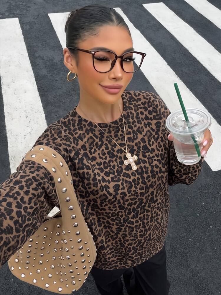 Muchica Women's Casual Leopard Print Sweatshirt, Autumn - White - View 2