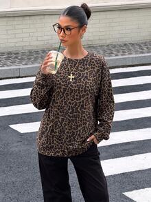 Muchica Women's Casual Leopard Print Sweatshirt, Autumn - White - View 6