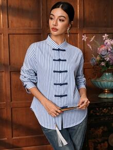 EastFlair Women's Autumn Casual Striped Frog Button Top - Multicolor - View 11