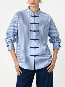 EastFlair Women's Autumn Casual Striped Frog Button Top - Multicolor - View 2