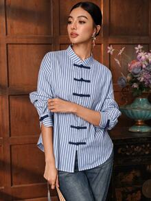 EastFlair Women's Autumn Casual Striped Frog Button Top - Multicolor - View 13
