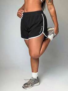 SHEIN Rhythm Era Plus Size Women's Summer Color Block Elastic Waistband 2-In-1 Sports Shorts - Black - View 3