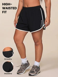 SHEIN Rhythm Era Plus Size Women's Summer Color Block Elastic Waistband 2-In-1 Sports Shorts - Black - View 1