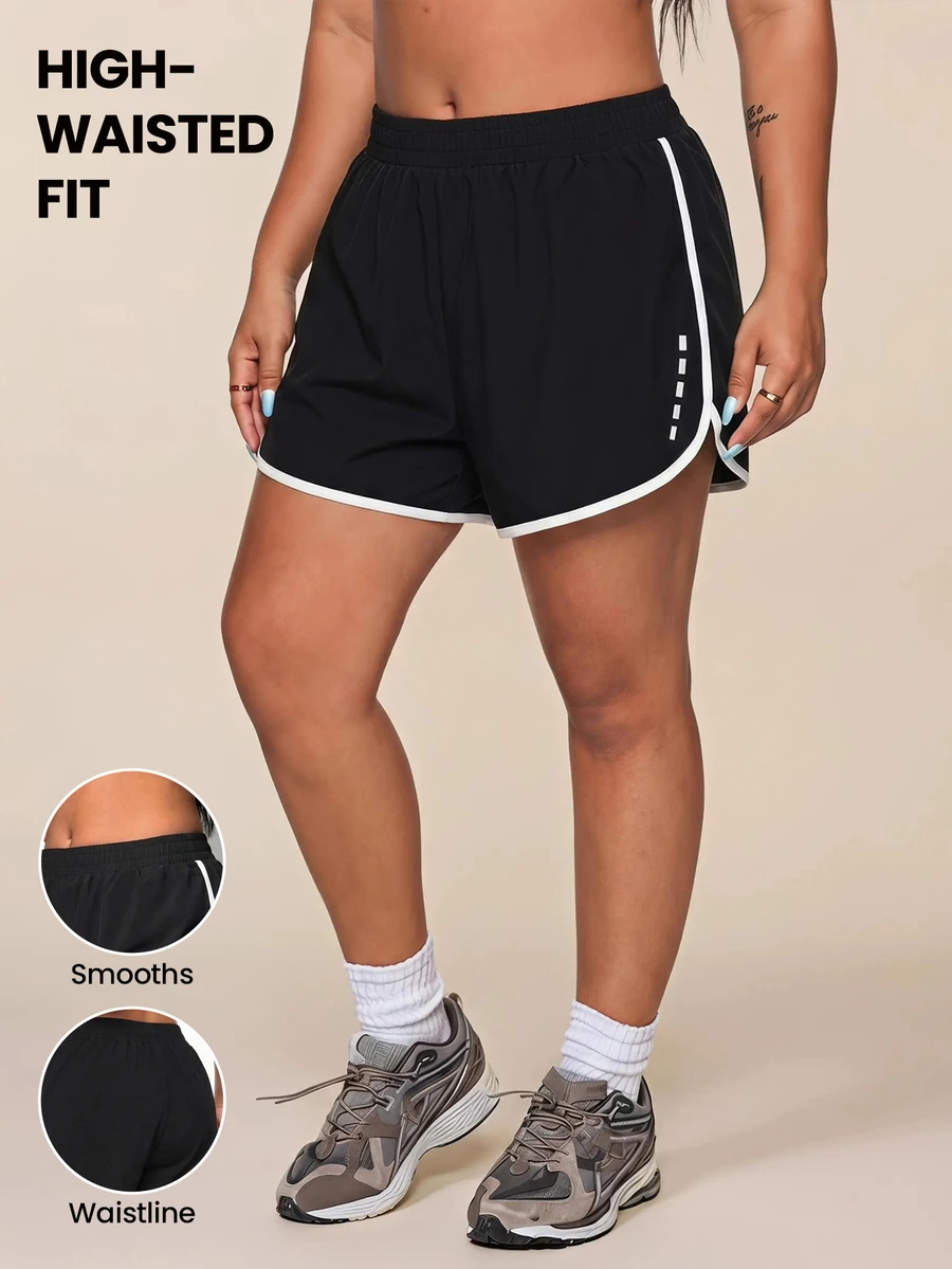 SHEIN Rhythm Era Plus Size Women's Summer Color Block Elastic Waistband 2-In-1 Sports Shorts - Black - View 1