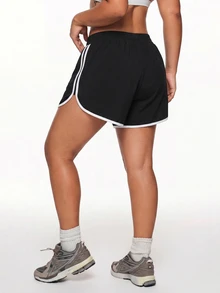 SHEIN Rhythm Era Plus Size Women's Summer Color Block Elastic Waistband 2-In-1 Sports Shorts - Black - View 2