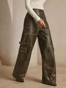 Anewsta Maillard Fashion 女款復古做舊 PU 工裝長褲 - 橄欖棕 - 查看 6