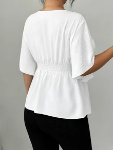 Elenzga Elegant Casual V‑Neck Plus Size Allover White Short Sleeve Shirt Spring Summer Autumn Office Formal - White - View 2