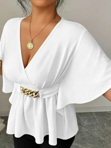 Elenzga Elegant Casual V‑Neck Plus Size Allover White Short Sleeve Shirt Spring Summer Autumn Office Formal - White - View 4