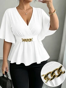 Elenzga Elegant Casual V‑Neck Plus Size Allover White Short Sleeve Shirt Spring Summer Autumn Office Formal - White - View 1