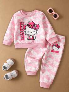 HELLO KITTY AND FRIENDS | SHEIN 1套女嬰甜美粉色全圖案圓領抓絨運動衫與慢跑褲，秋冬休閒穿著 - 彩色 - 查看 3
