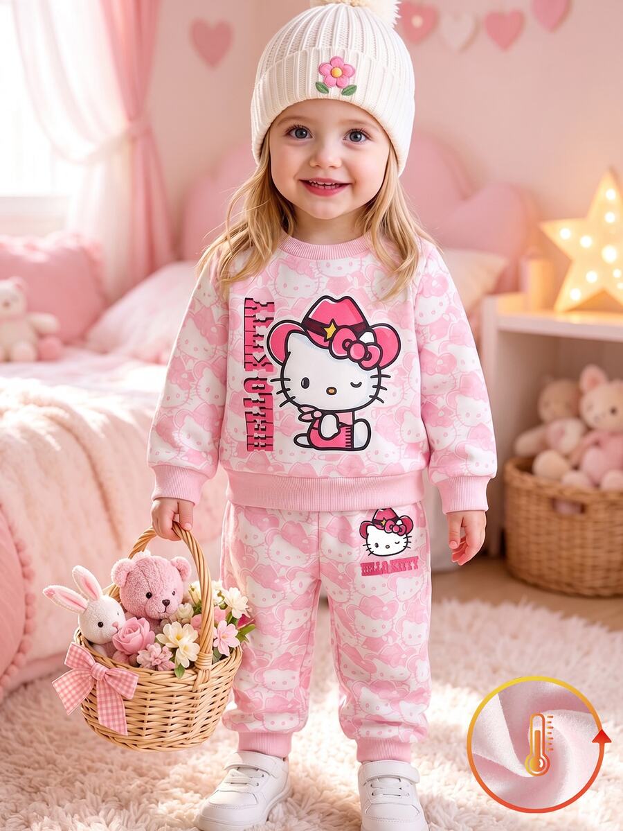 HELLO KITTY AND FRIENDS | SHEIN 1套女嬰甜美粉色全圖案圓領抓絨運動衫與慢跑褲,秋冬休閒穿著 - 彩色 - 查看 1