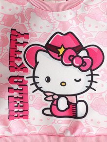 HELLO KITTY AND FRIENDS | SHEIN 1套女嬰甜美粉色全圖案圓領抓絨運動衫與慢跑褲，秋冬休閒穿著 - 彩色 - 查看 6