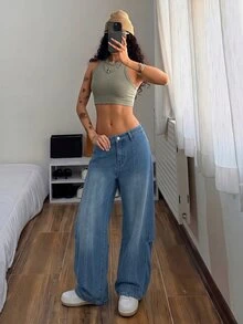 SHEIN American Streetwear Street Style Loose Curved Leg Denim Jeans Everyday Night Out Blue Summer - Light Wash - View 7
