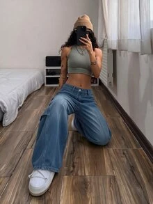 SHEIN American Streetwear Street Style Loose Curved Leg Denim Jeans Everyday Night Out Blue Summer - Light Wash - View 5