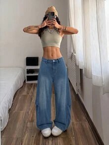 SHEIN American Streetwear Street Style Loose Curved Leg Denim Jeans Everyday Night Out Blue Summer - Light Wash - View 4