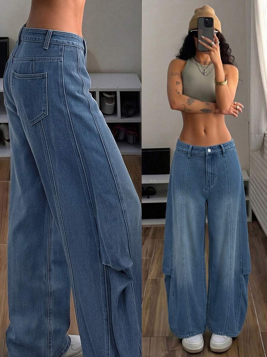SHEIN American Streetwear Street Style Loose Curved Leg Denim Jeans Everyday Night Out Blue Summer - Light Wash - View 1