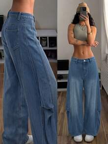 SHEIN American Streetwear Street Style Loose Curved Leg Denim Jeans Everyday Night Out Blue Summer - Light Wash - View 3