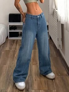 SHEIN American Streetwear Street Style Loose Curved Leg Denim Jeans Everyday Night Out Blue Summer - Light Wash - View 6