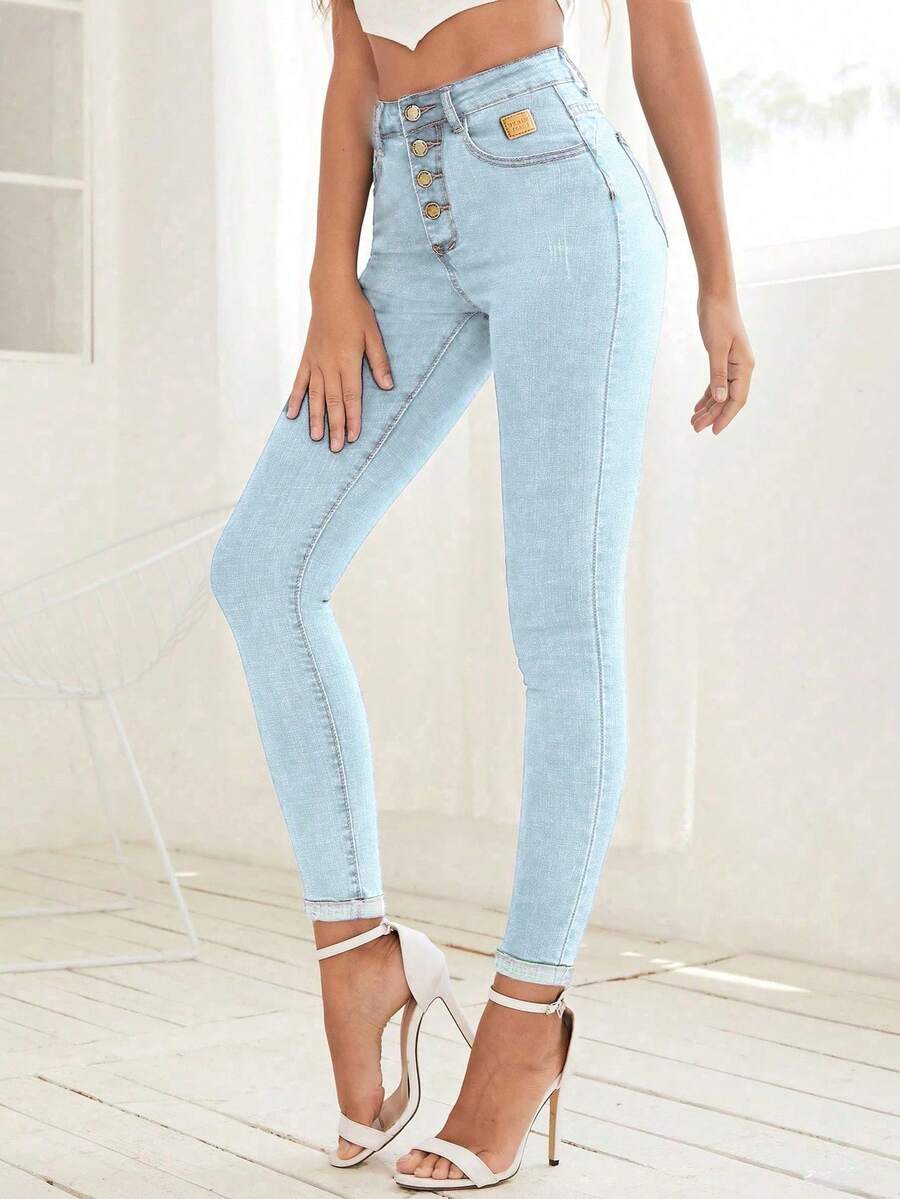 SHEIN Frenchy Women's Button Front Pocket Skinny Casual Versatile Denim Jeans - Light Wash - View 1