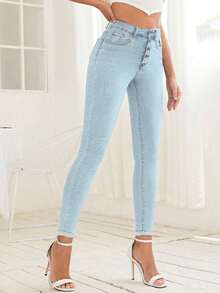SHEIN Frenchy Women's Button Front Pocket Skinny Casual Versatile Denim Jeans - Light Wash - View 3