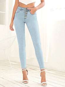 SHEIN Frenchy Women's Button Front Pocket Skinny Casual Versatile Denim Jeans - Light Wash - View 5
