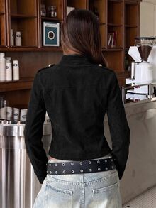 Muchica Women's Casual Comfortable Black Vintage Corduroy Napoleon Jacket, Long Sleeve Fall Winter Military-Inspired Coat For Everyday Streetwear Outdoor - Black - View 2