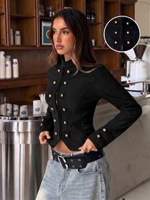 Muchica Women's Casual Comfortable Black Vintage Corduroy Napoleon Jacket, Long Sleeve Fall Winter Military-Inspired Coat For Everyday Streetwear Outdoor - Black - View 1