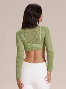 SHEIN Glamour Cardigan Lengan Panjang Pendek Berkerut Model Gelembung Warna Hijau Zaitun untuk Wanita, Cocok untuk Liburan Pantai, Perjalanan Sehari-hari, Kampus Awal Musim Gugur, Kencan Romantis dan Seksi - Hijau - View 2