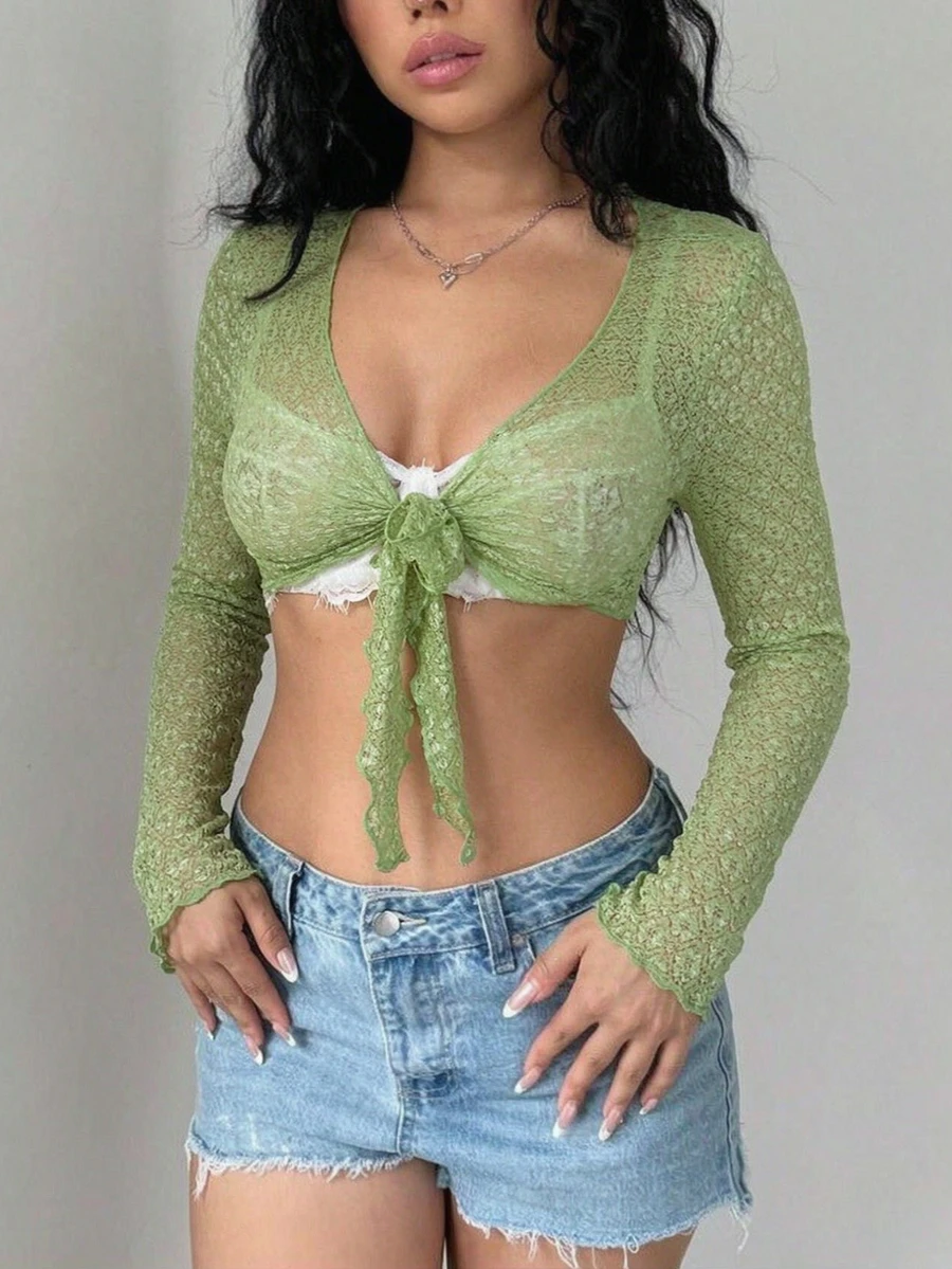 SHEIN Glamour Cardigan Lengan Panjang Pendek Berkerut Model Gelembung Warna Hijau Zaitun untuk Wanita, Cocok untuk Liburan Pantai, Perjalanan Sehari-hari, Kampus Awal Musim Gugur, Kencan Romantis dan Seksi - Hijau - View 1