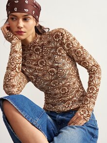 Bohemela Women's Floral Mesh Long Sleeve Top With Stand Collar - Khaki - View 1