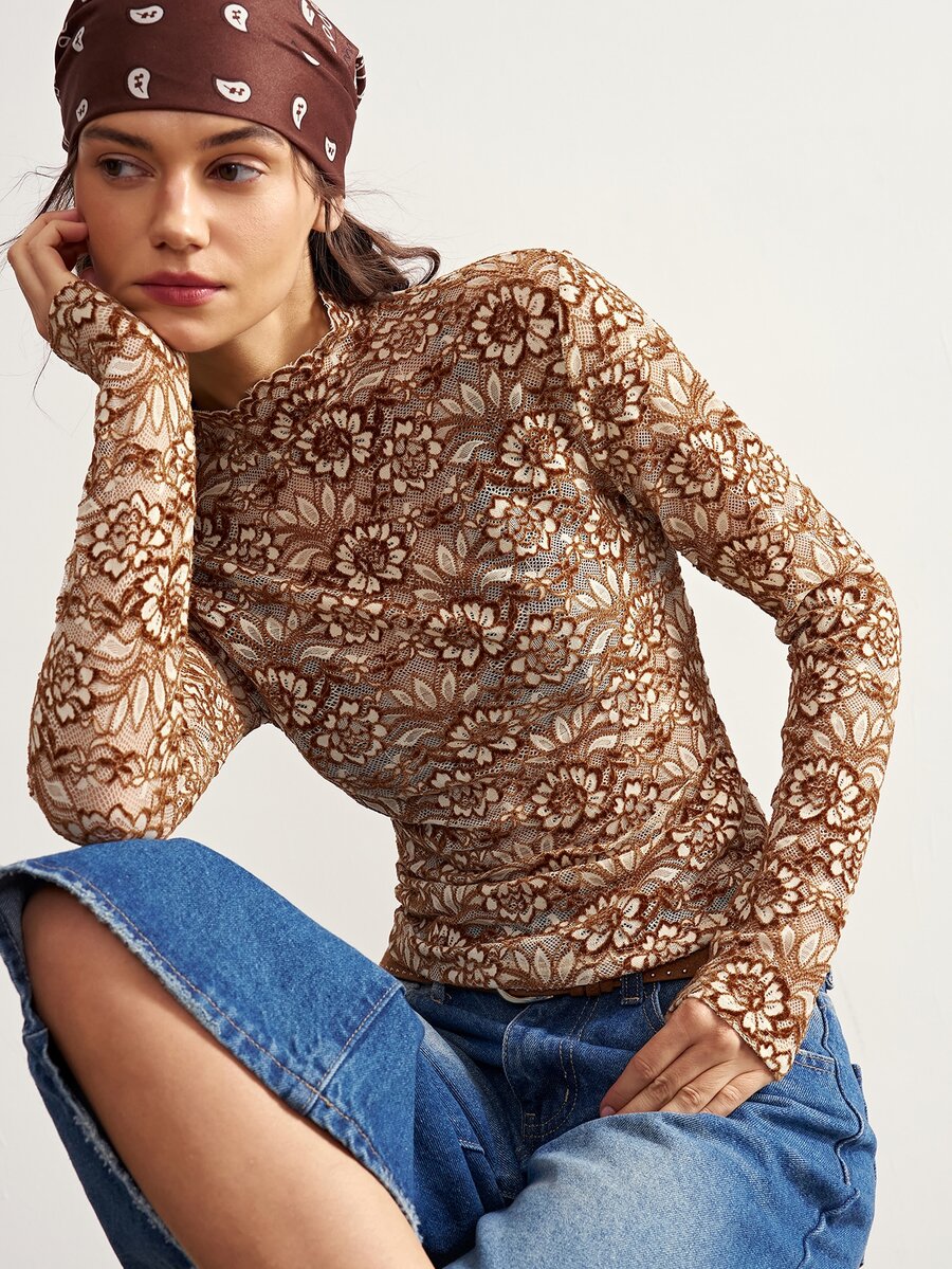Bohemela Women's Floral Mesh Long Sleeve Top With Stand Collar - Khaki - View 1