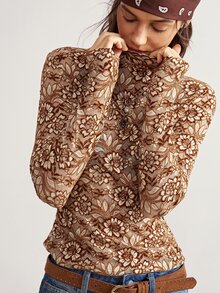 Bohemela Women's Floral Mesh Long Sleeve Top With Stand Collar - Khaki - View 2