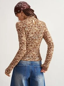 Bohemela Women's Floral Mesh Long Sleeve Top With Stand Collar - Khaki - View 7