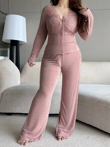 Dazy Plus Solid Color Contrast Lace V-Neck Long Sleeve Elegant Pants 2-Piece Set Spring Summer Autumn Pink Pajama Set - Pink - View 1