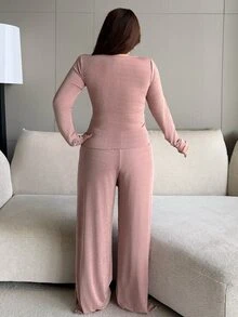 Dazy Plus Solid Color Contrast Lace V-Neck Long Sleeve Elegant Pants 2-Piece Set Spring Summer Autumn Pink Pajama Set - Pink - View 2