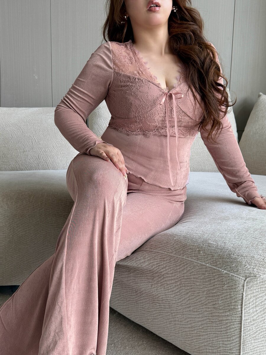 Dazy Plus Solid Color Contrast Lace V-Neck Long Sleeve Elegant Pants 2-Piece Set Spring Summer Autumn Pink Pajama Set - Pink - View 1