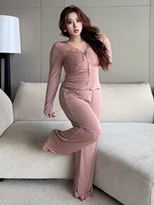 Dazy Plus Solid Color Contrast Lace V-Neck Long Sleeve Elegant Pants 2-Piece Set Spring Summer Autumn Pink Pajama Set - Pink - View 7