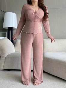 Dazy Plus Solid Color Contrast Lace V-Neck Long Sleeve Elegant Pants 2-Piece Set Spring Summer Autumn Pink Pajama Set - Pink - View 6